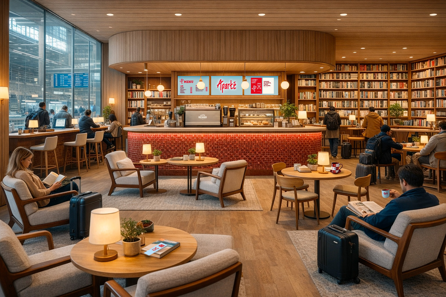 Aparté — aménagement intérieur du café-librairie en gare