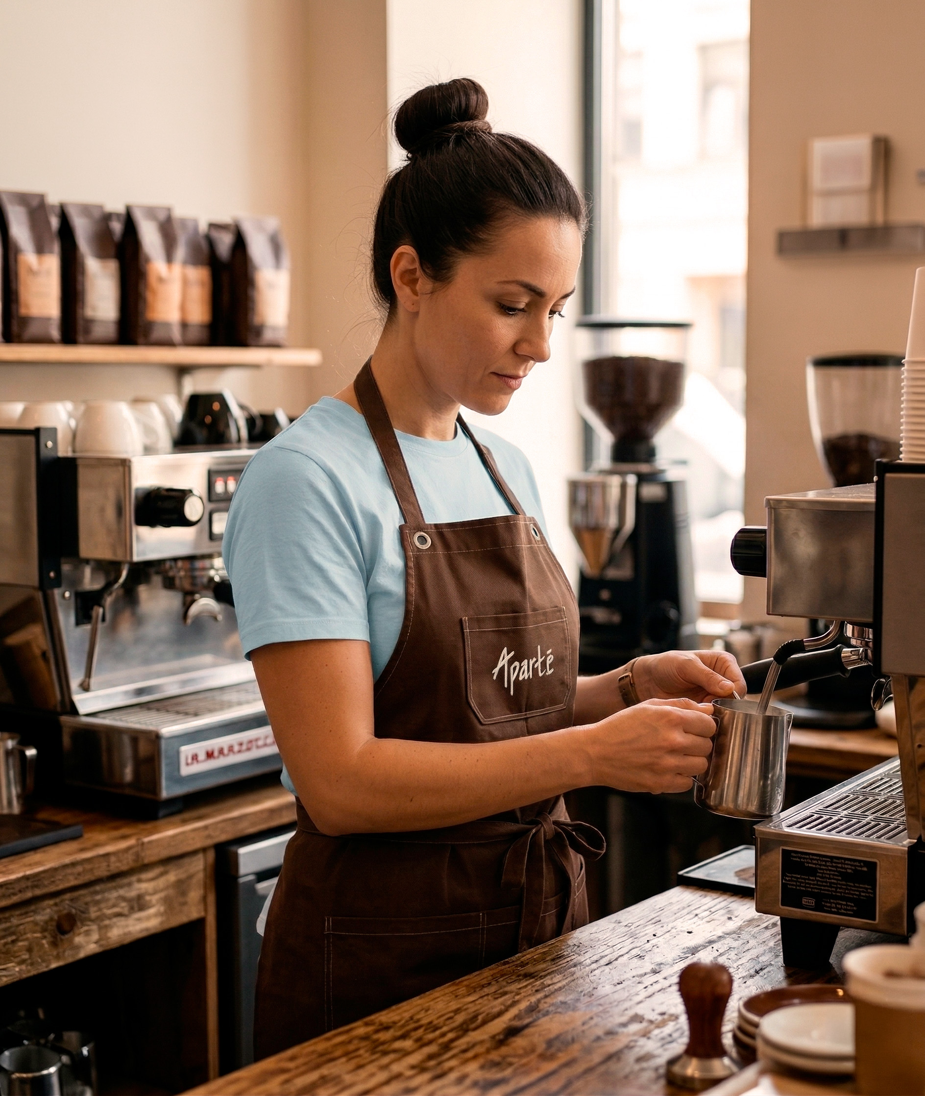 Aparté — tenue de barista et tablier brodé